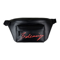 BALENCIAGA巴黎世家紅字LOGO牛皮拉鍊胸腰包(黑)