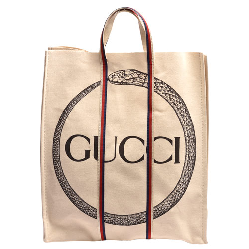 GUCCI 經典ouroboros系列棉質帆布印花綠紅白織帶手提托特包(米)