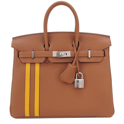 HERMES BIRKIN 條紋裝飾TG牛皮柏金包( 25CM/AB棕/金釦)