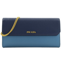 PRADA 金屬LOGO雙色水波紋斜背式長夾(藍)