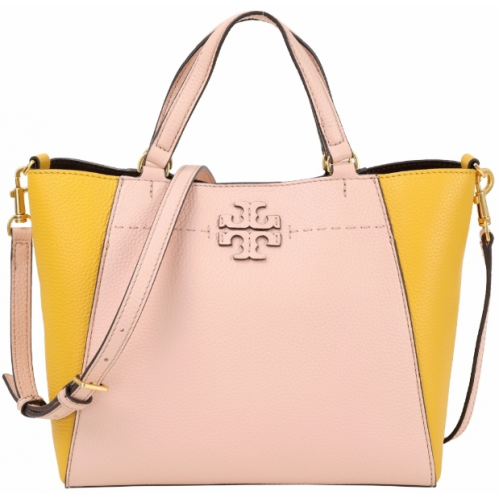 TORY BURCH Mcgraw 撞色牛皮兩用托特包(粉x黃)