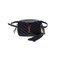 YSL 經典LOU系列金色LOGO V字車紋小牛皮流蘇拉鍊手拿/腰包(黑)