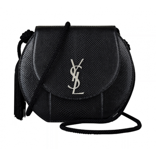 YSL SAINT LAURENT銀字LOGO流蘇設計牛皮扣式斜背包(黑)